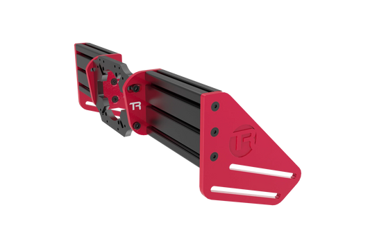 Red and black metal bracket on a white background