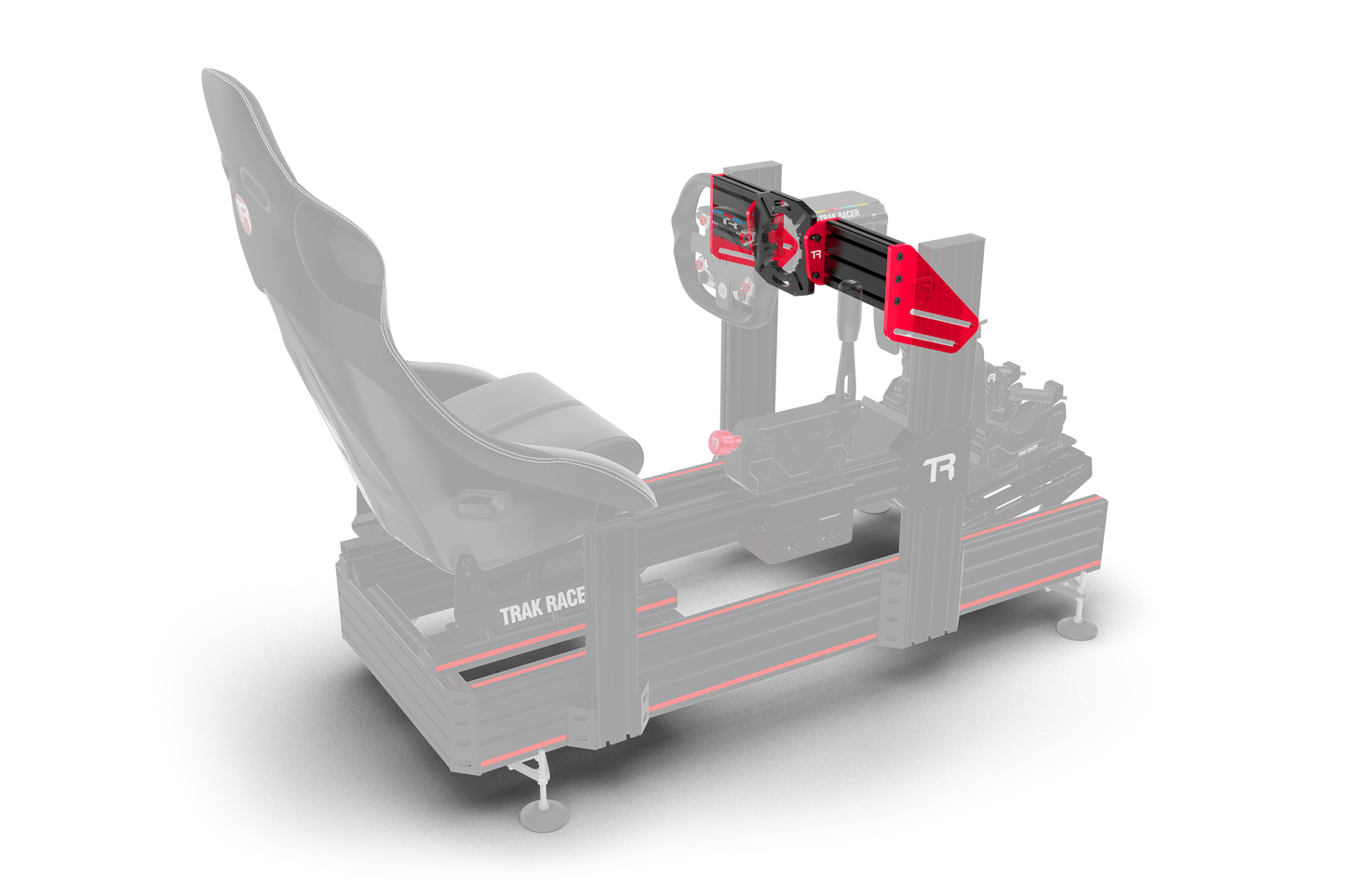 Gray racing simulator seat with red accents on a white background