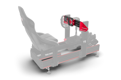 Gray racing simulator seat with red accents on a white background