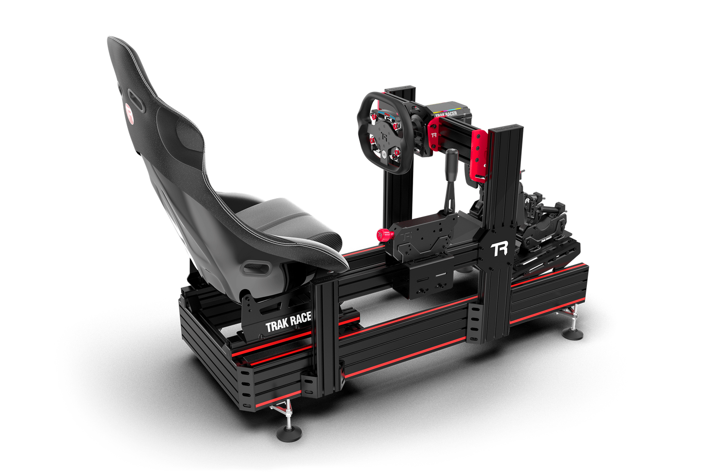 Simulator racing seat and desk setup with Thak Race branding on a white background