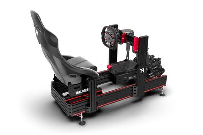 Simulator racing seat and desk setup with Thak Race branding on a white background