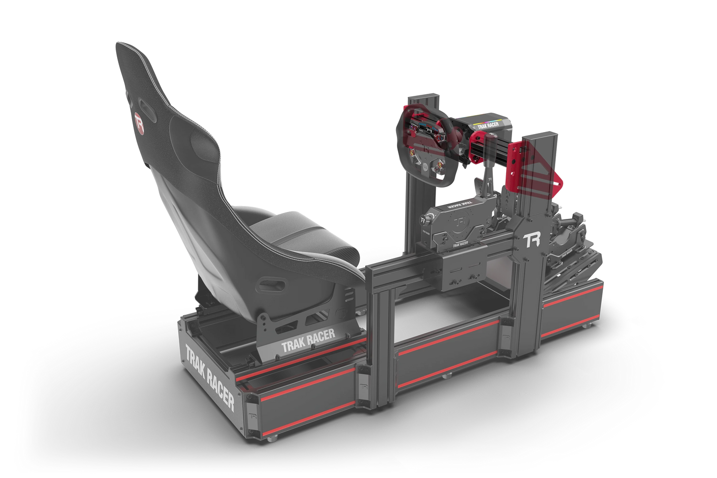 Black and red gaming simulator with seat and steering wheel on a white background