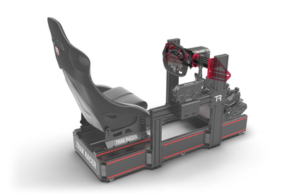 Black and red gaming simulator with seat and steering wheel on a white background