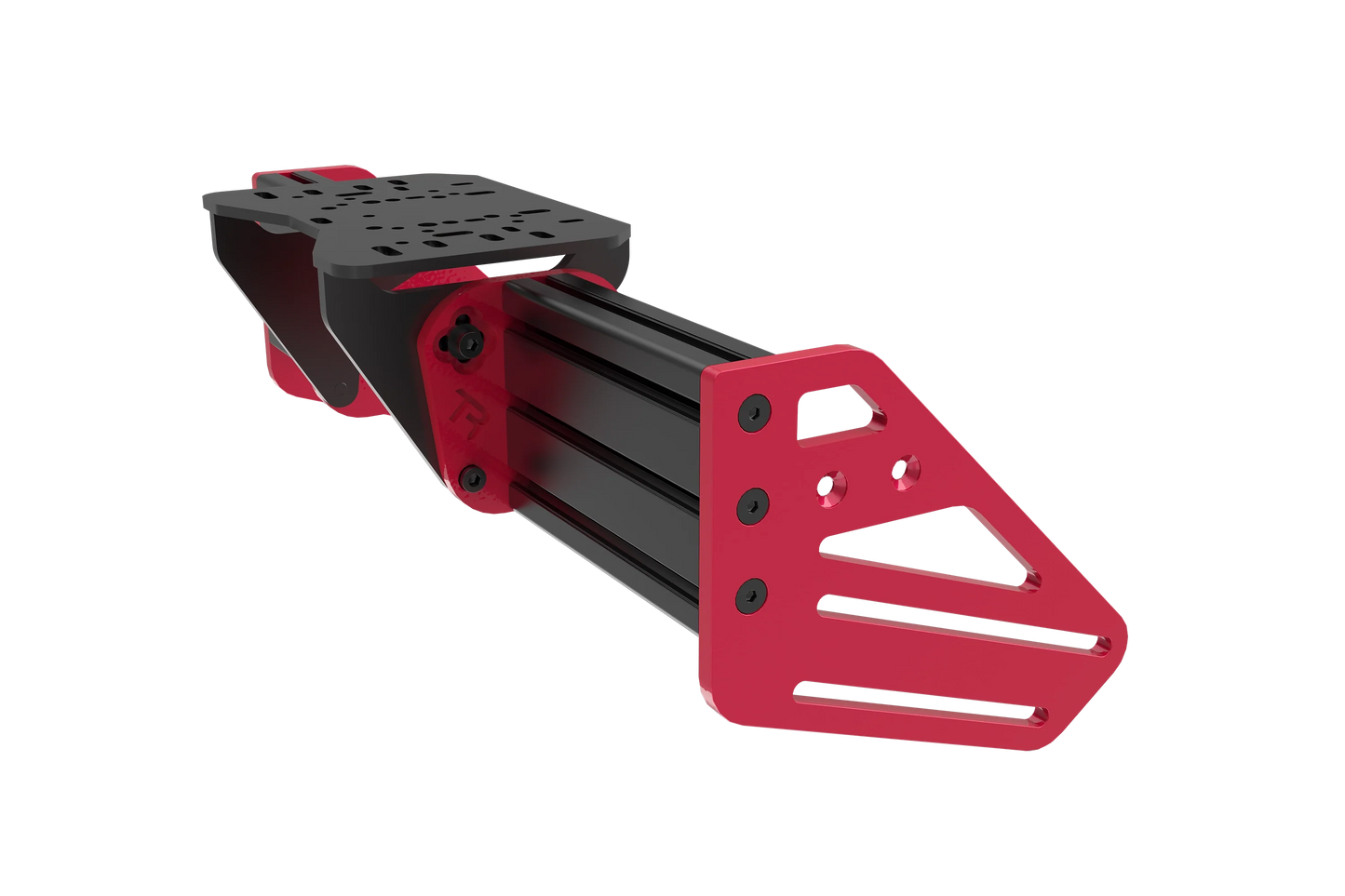 Red and black metal bracket on a white background