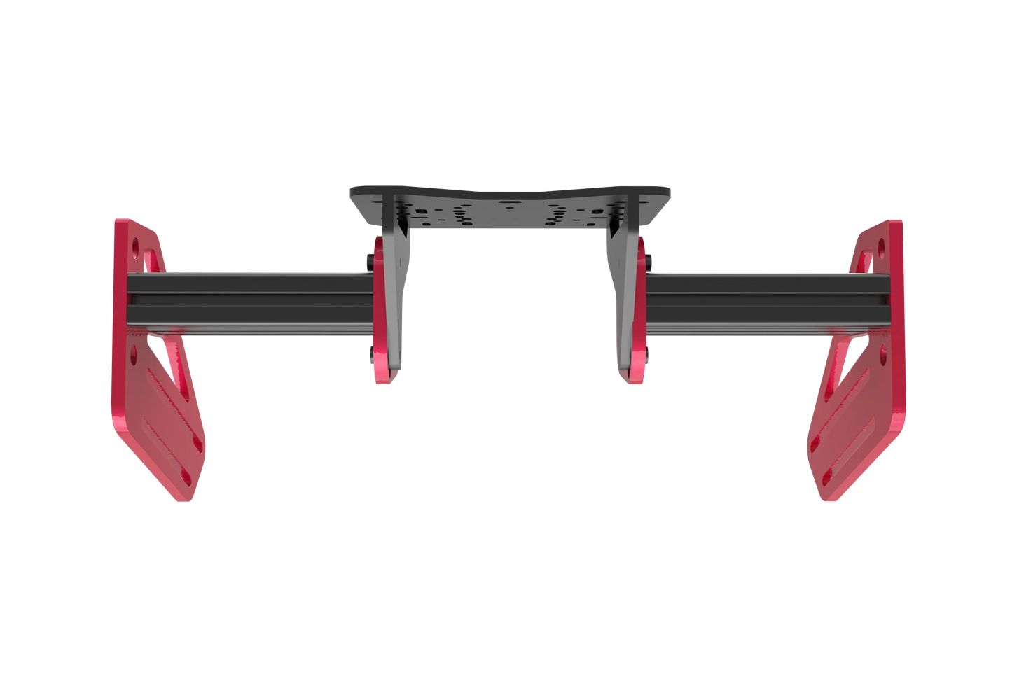 Black metal bracket with red plastic components on a white background