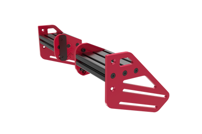 Red metal frame with black rollers on a white background