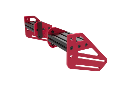 Red metal frame with black rollers on a white background