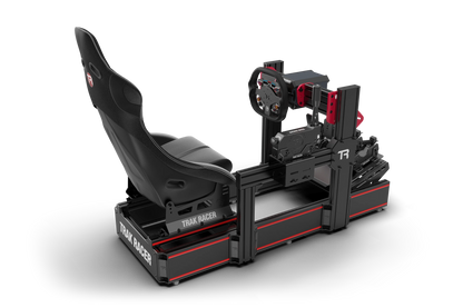 Black and red gaming simulator setup with seat and steering wheel on a white background