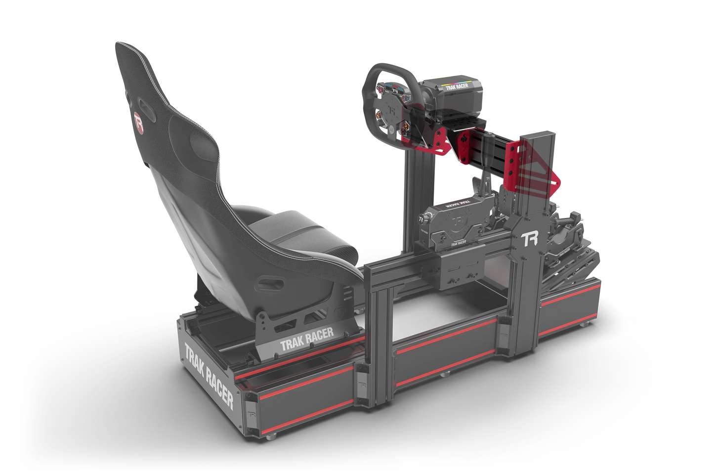 Black and red gaming simulator with a seat and steering wheel on a white background