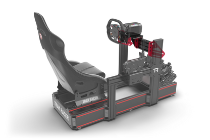 Black and red gaming simulator with a seat and steering wheel on a white background