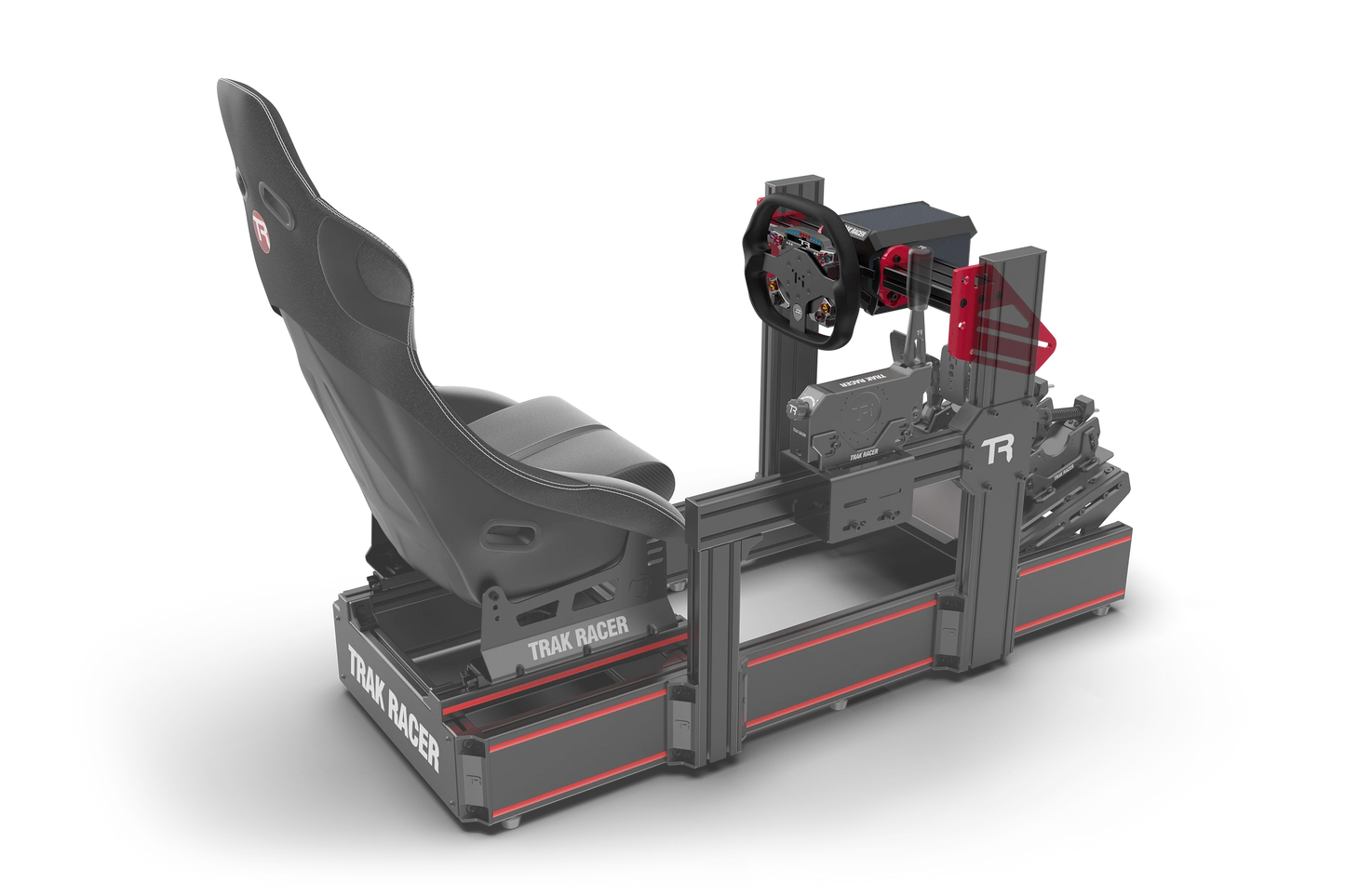 Full racing simulator setup with seat, steering wheel, and pedals on a white background