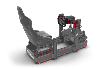 Full racing simulator setup with seat, steering wheel, and pedals on a white background