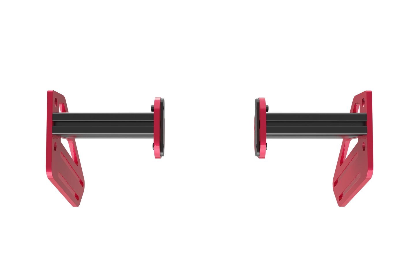 Two red and black wall mount brackets on a white background