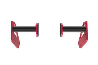 Two red and black wall mount brackets on a white background