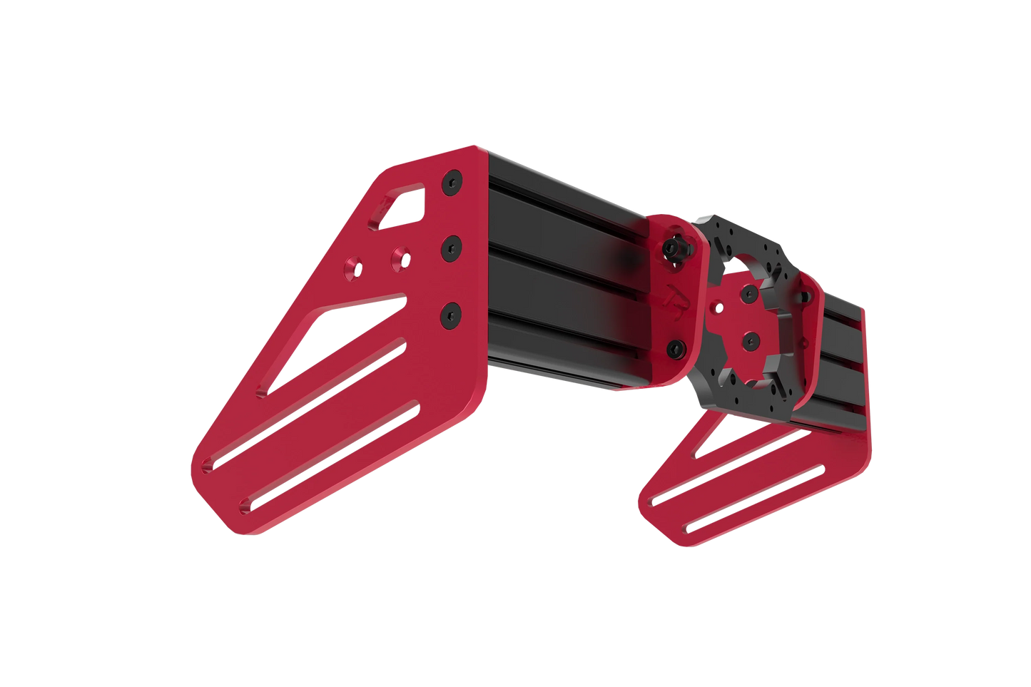 Red and black mechanical arm-like structure on a white background