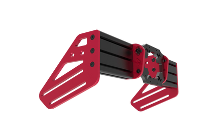 Red and black mechanical arm-like structure on a white background