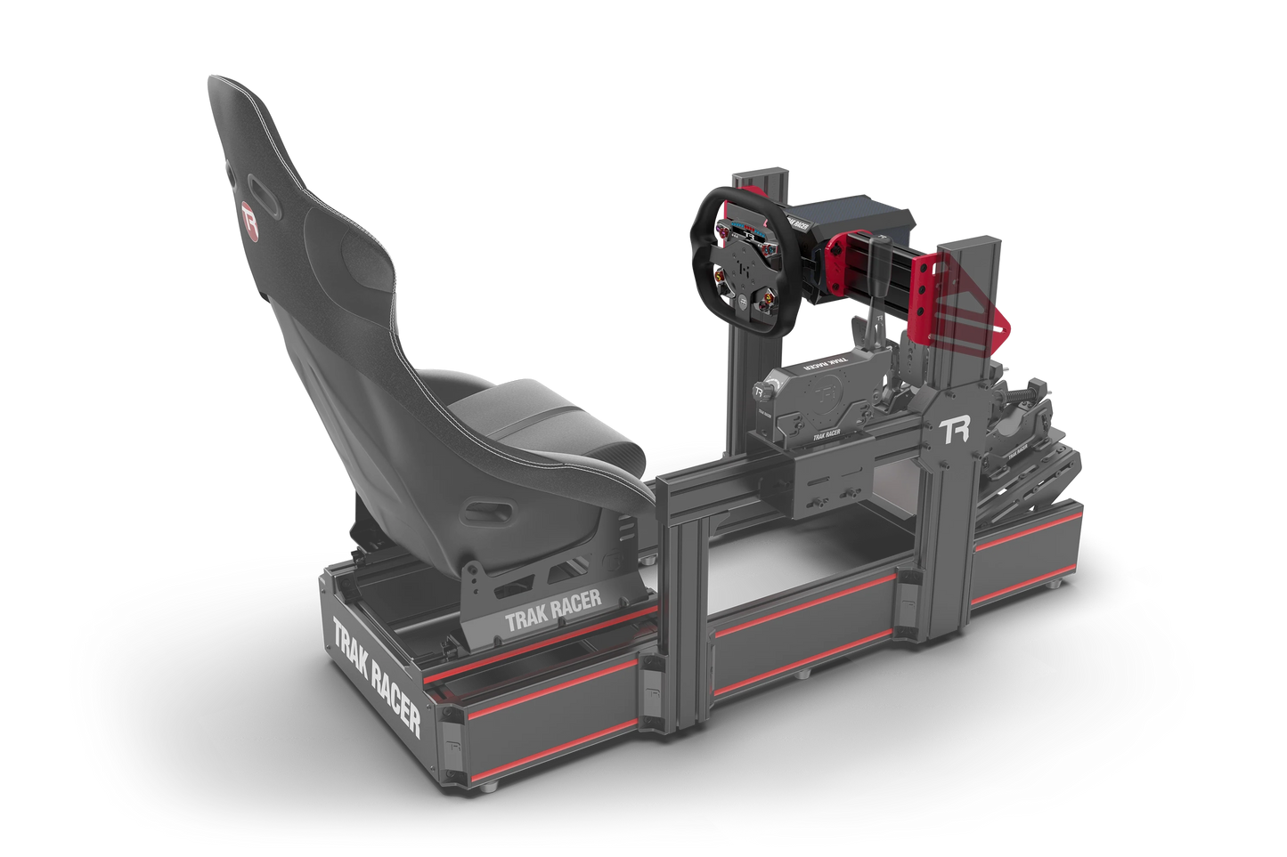 Full racing simulator setup with seat, steering wheel, and pedals on a white background