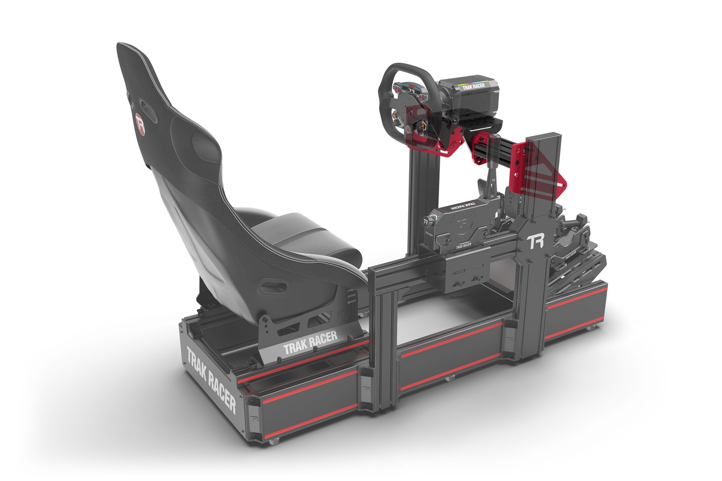 Simulator racing seat and steering wheel setup on a white background