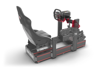 Simulator racing seat and steering wheel setup on a white background
