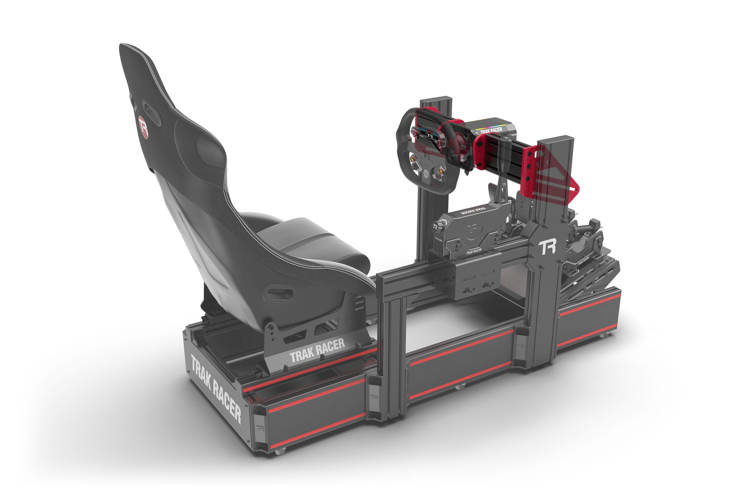 Black and red gaming simulator with seat and steering wheel on a white background