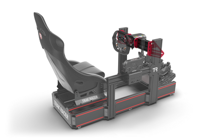 Black and red gaming simulator with seat and steering wheel on a white background