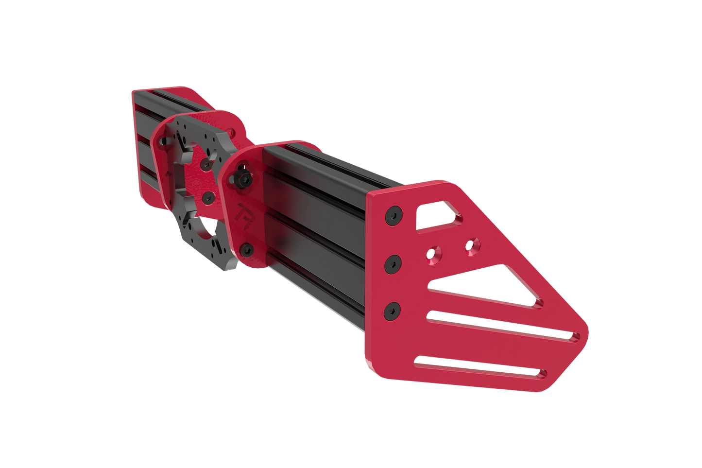 Red and black metal bracket on a white background