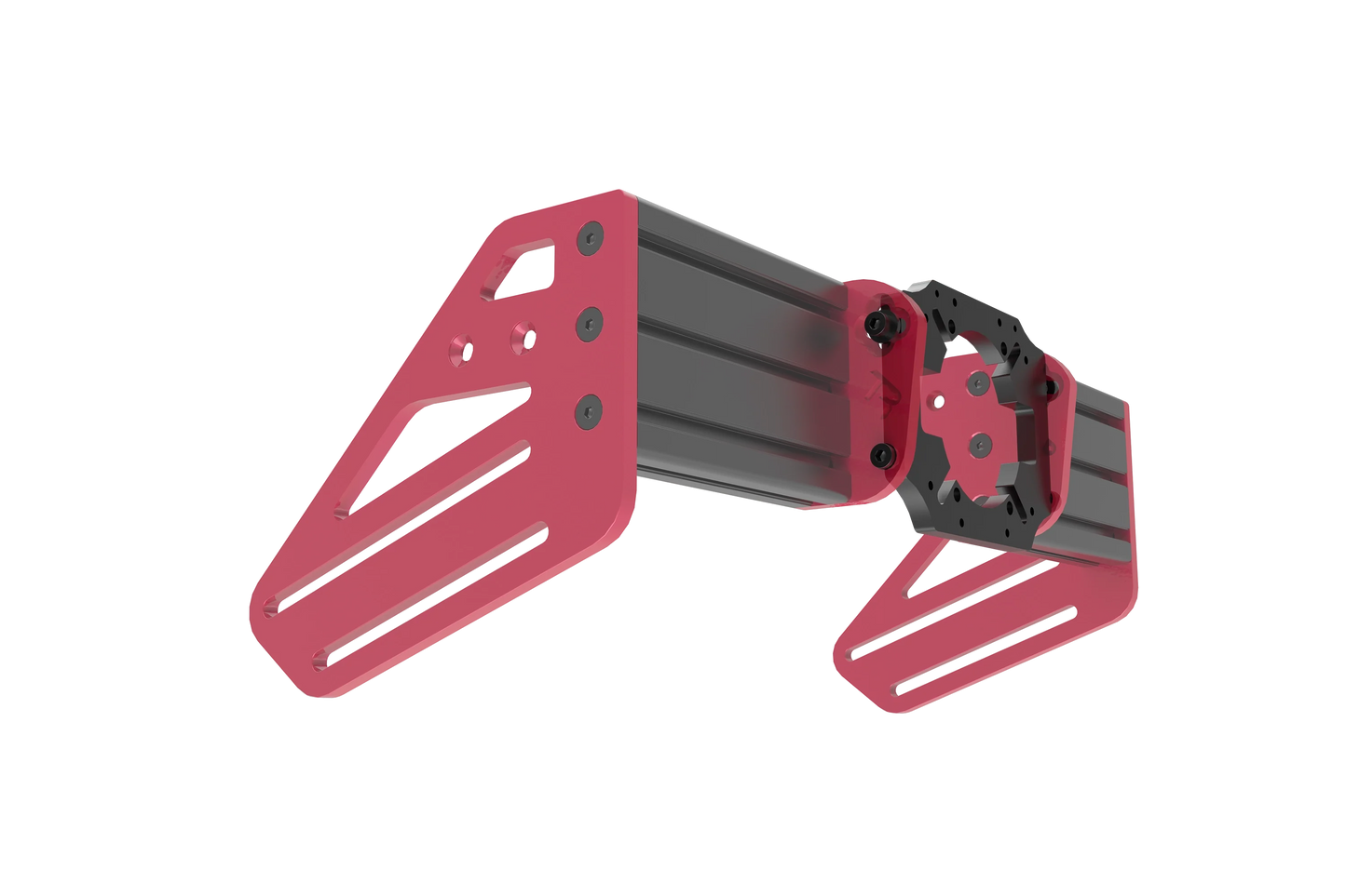 Red and black mechanical arm-like structure on a white background