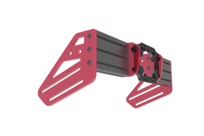 Red and black mechanical arm-like structure on a white background