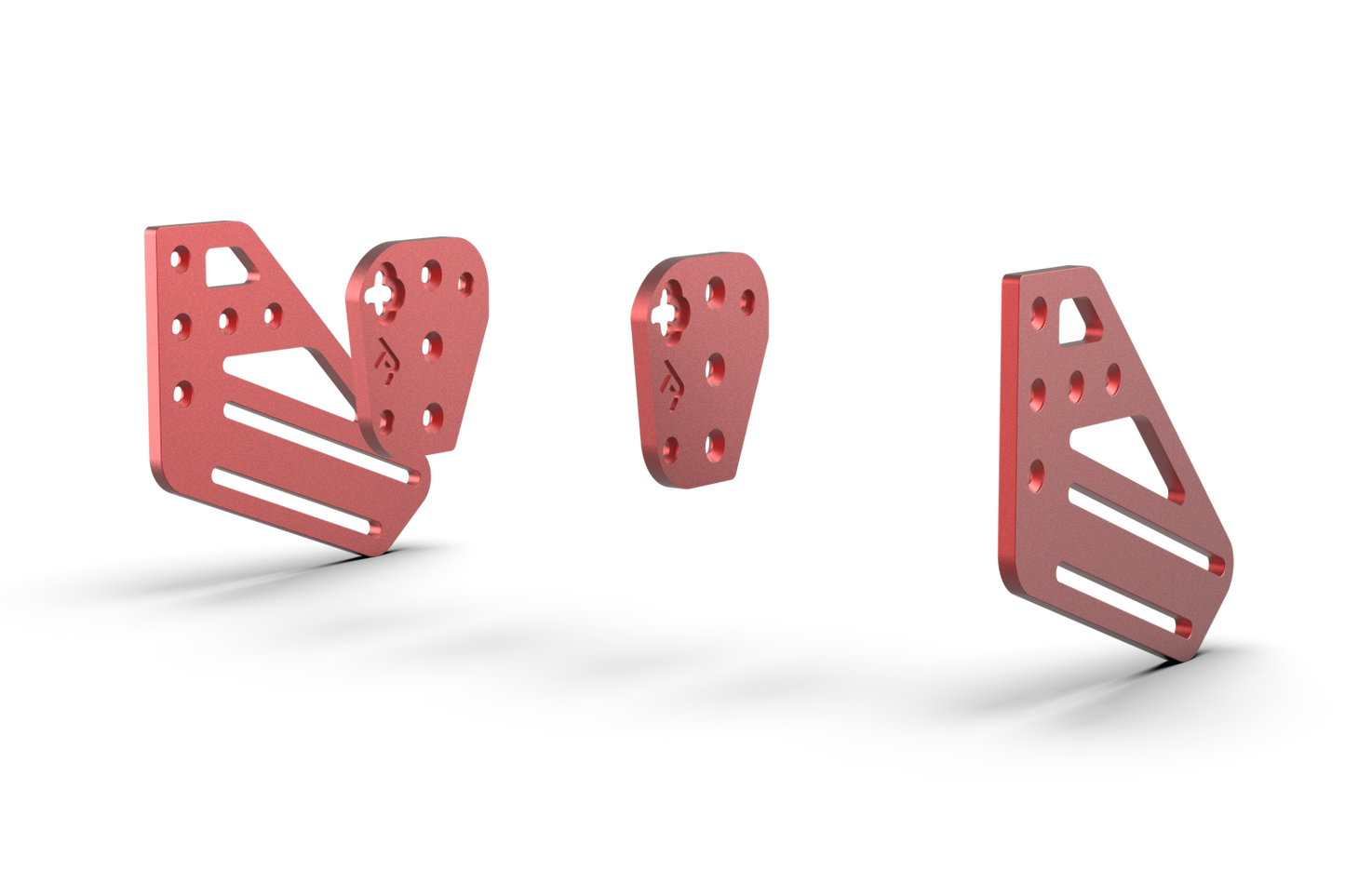 Three red metal brackets on a white background