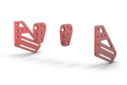 Three red metal brackets on a white background