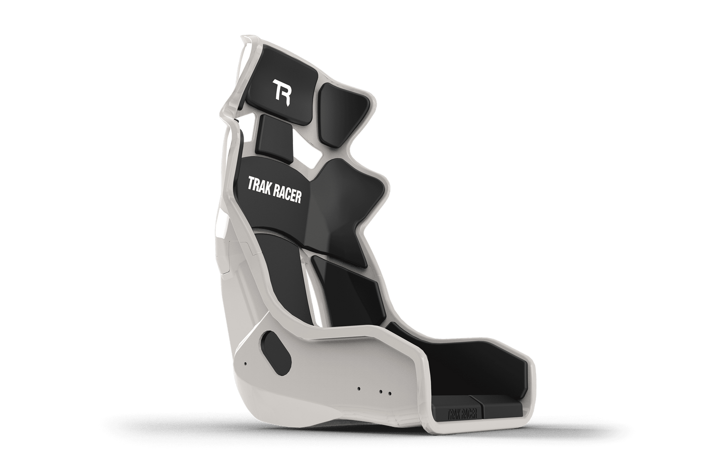 Racing seat with 'Trak Racer' branding on a green background