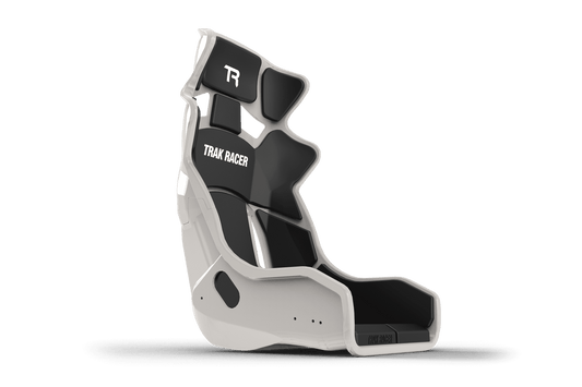 Racing seat with 'Trak Racer' branding on a green background