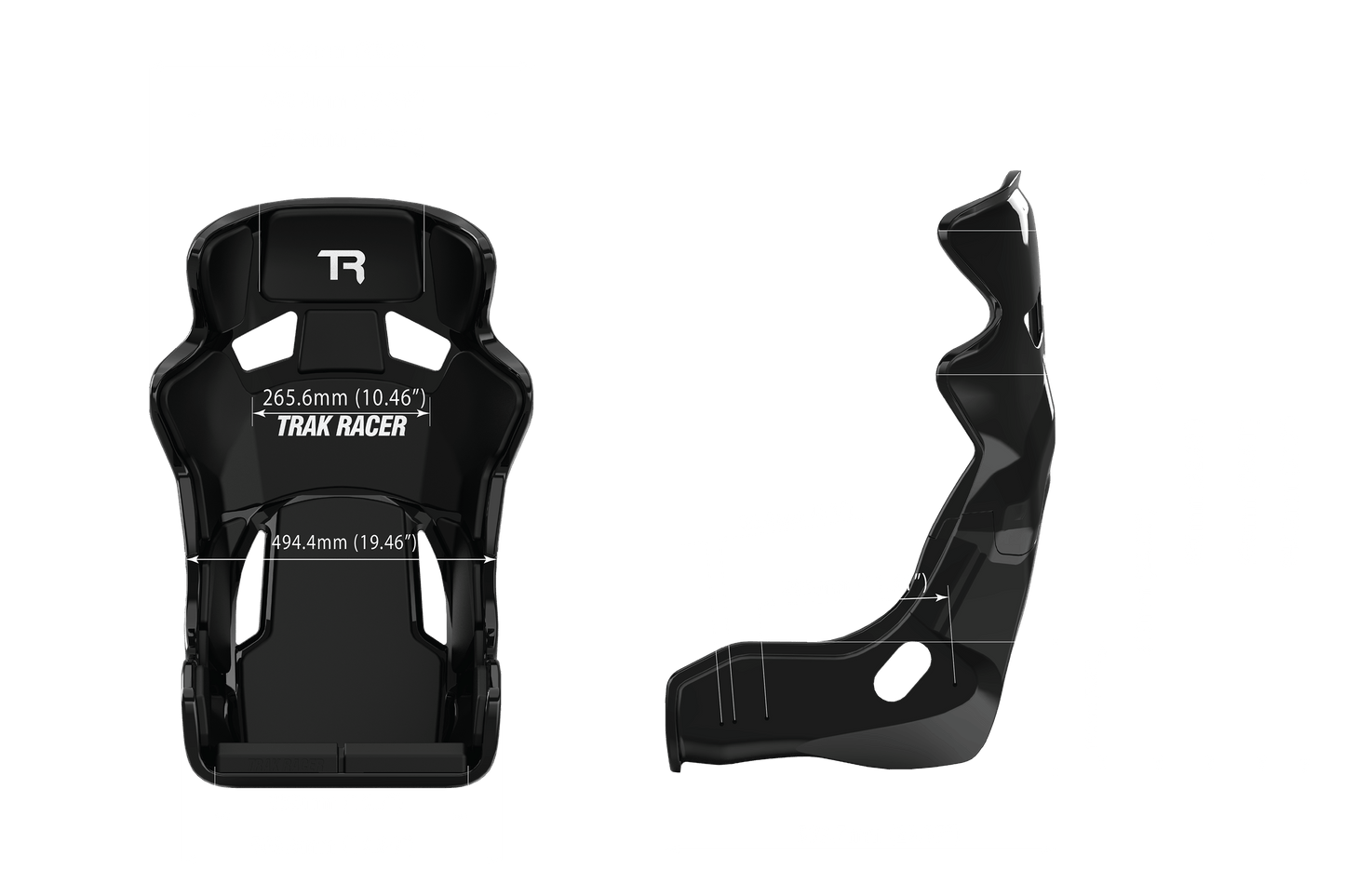 Black TRAK RACER seat with detailed measurements on a green background