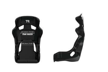 Black TRAK RACER seat with detailed measurements on a green background