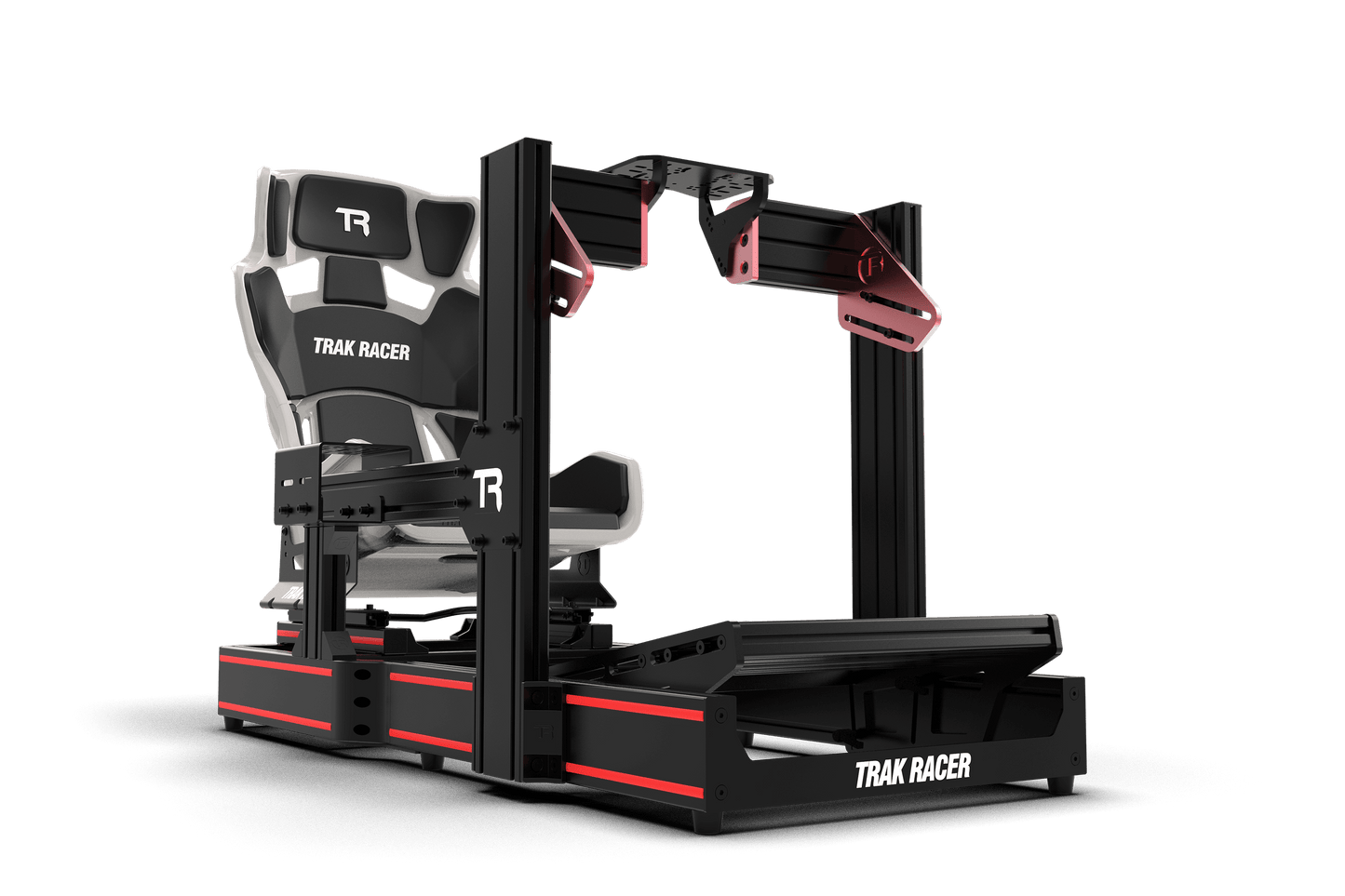 Gaming simulator chair with 'Trak Racer' branding on a transparent background