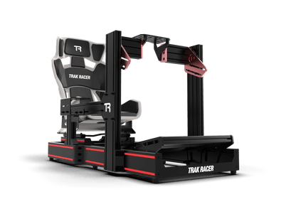 Gaming simulator chair with 'Trak Racer' branding on a transparent background