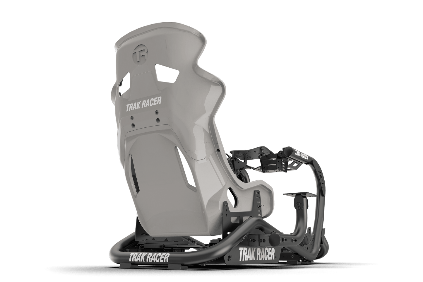 Gray snowboard binding with 'Trak Racer' branding on a transparent background