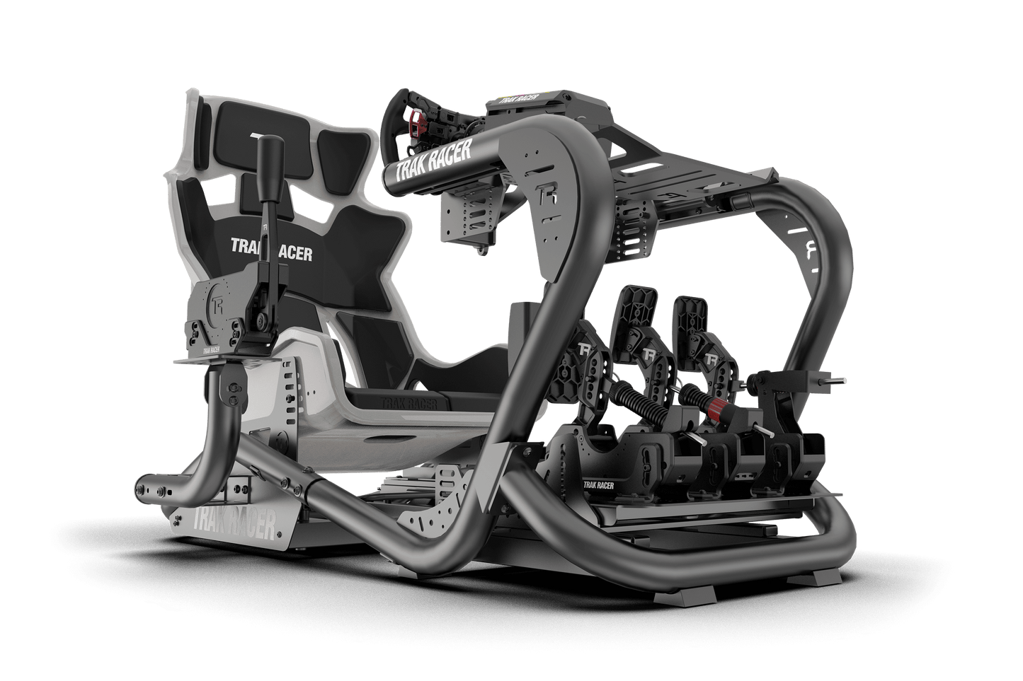 Highly detailed racing simulator seat with various controls on a green background