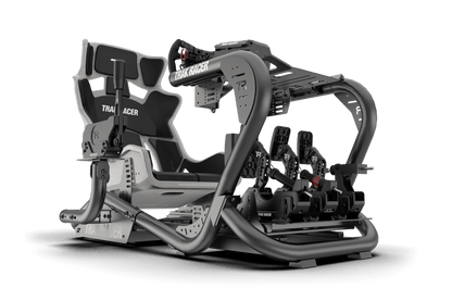 Highly detailed racing simulator seat with various controls on a green background