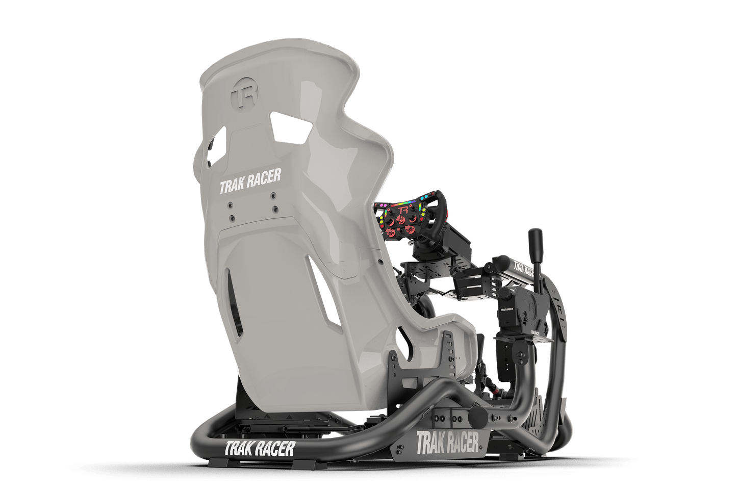 Gray racing simulator chair with controls on a white background
