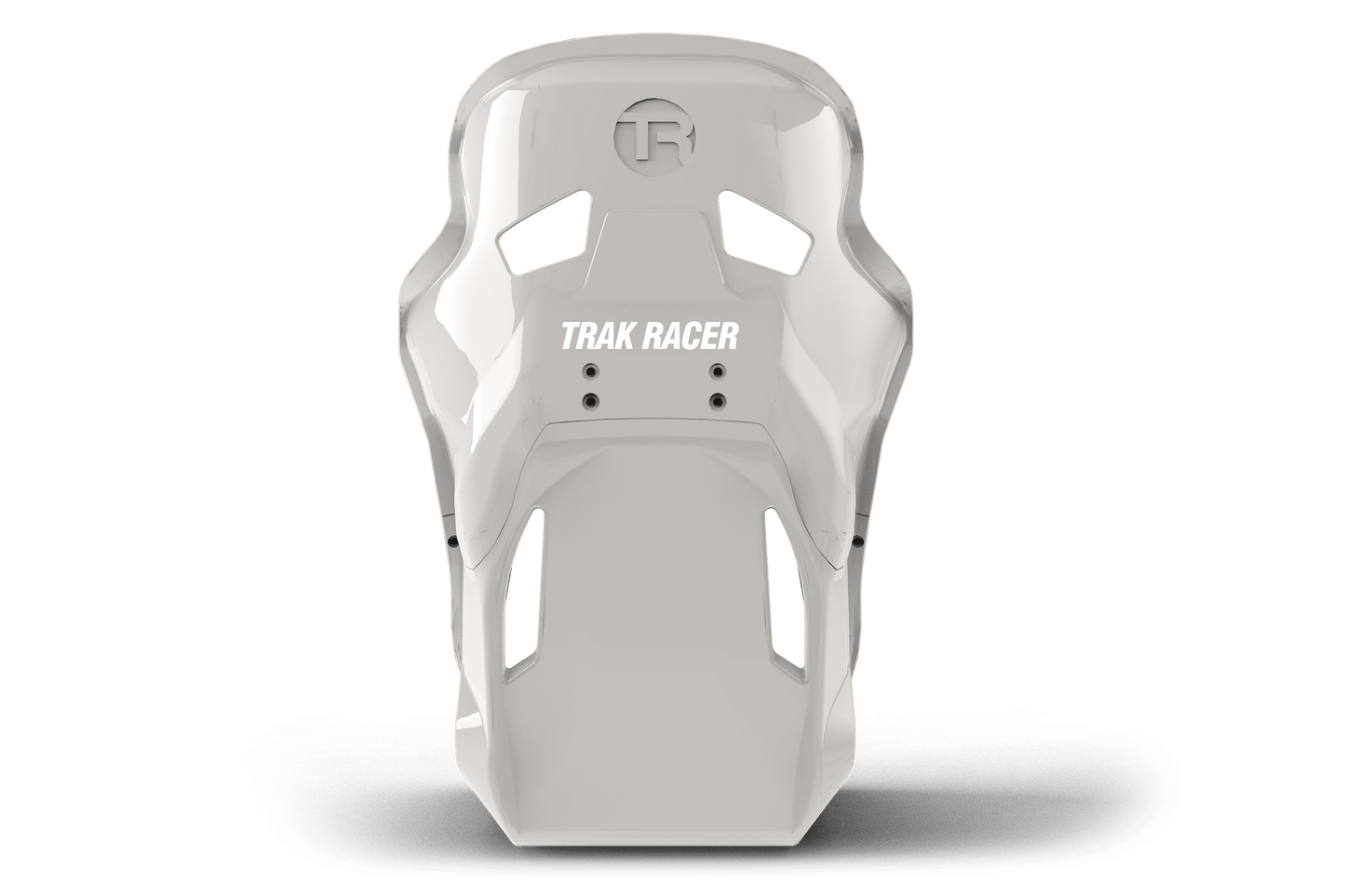 White racing seat with 'TRAK RACER' branding on a green background