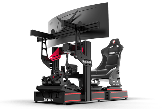 Simulator setup with screen, seat, and base on a green background