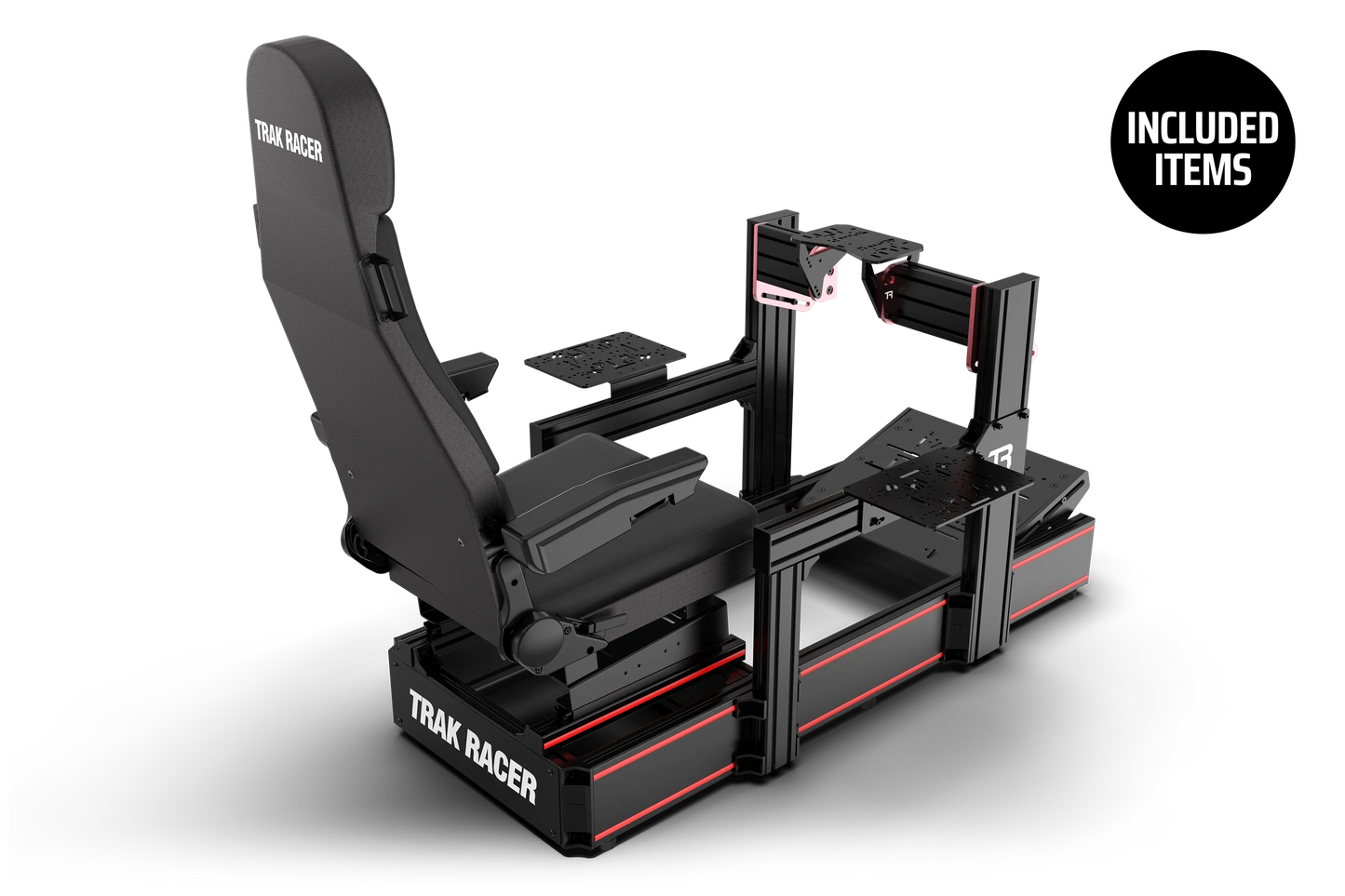 Black racing simulator seat and desk with 'Trak Racer' branding on a white background.