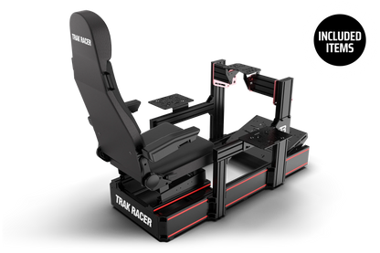 Black racing simulator seat and desk with 'Trak Racer' branding on a white background.