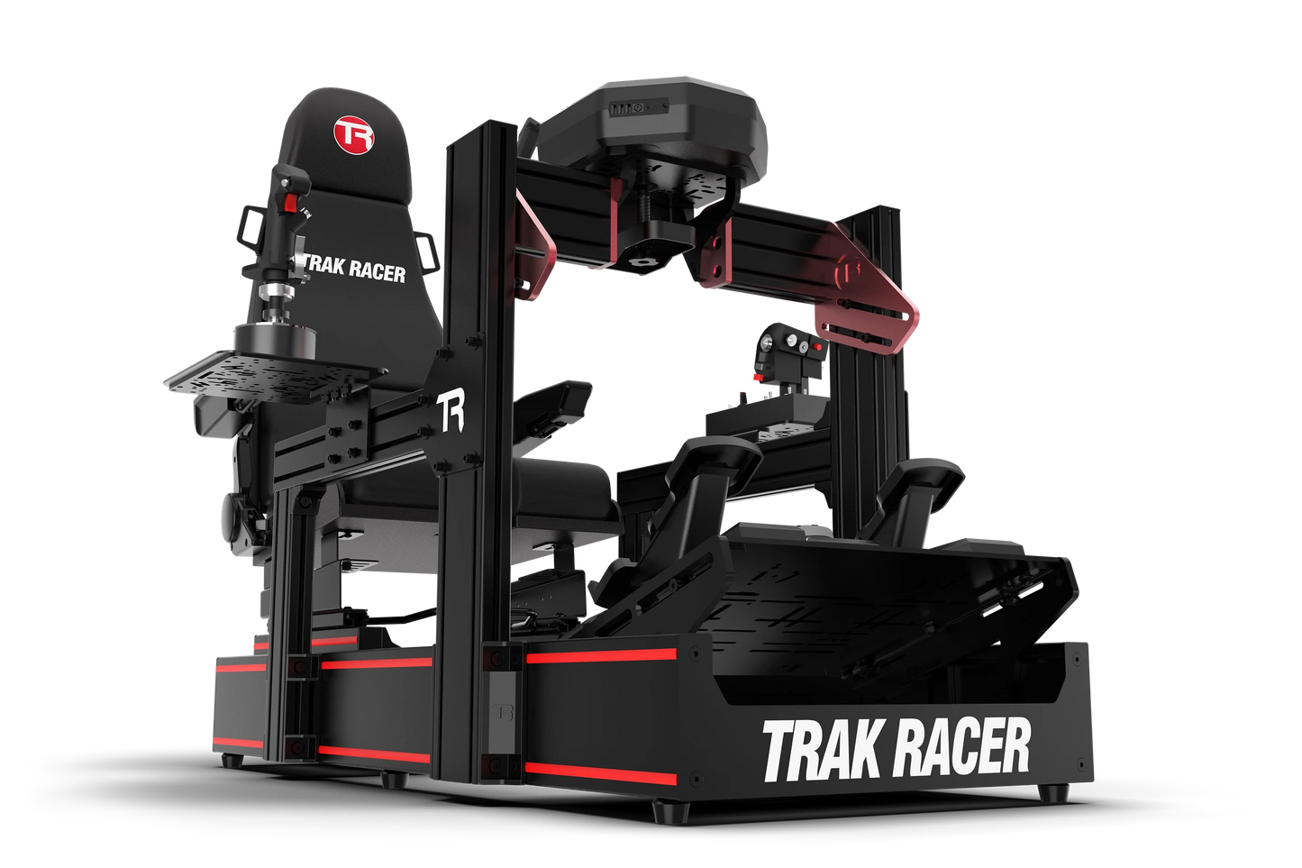 Black and red Trak Racer gaming simulator on a white background