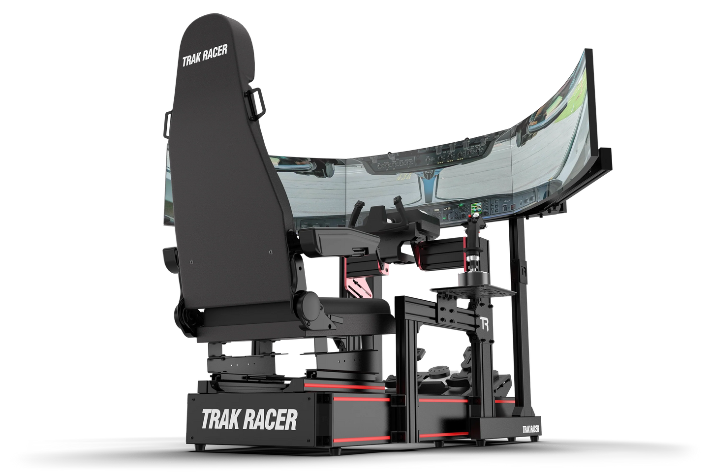 Trak Racer gaming simulator with a large screen and chair on a white background
