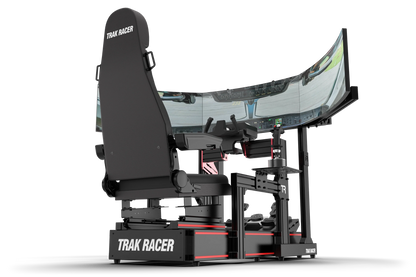 Trak Racer gaming simulator with a large screen and chair on a white background