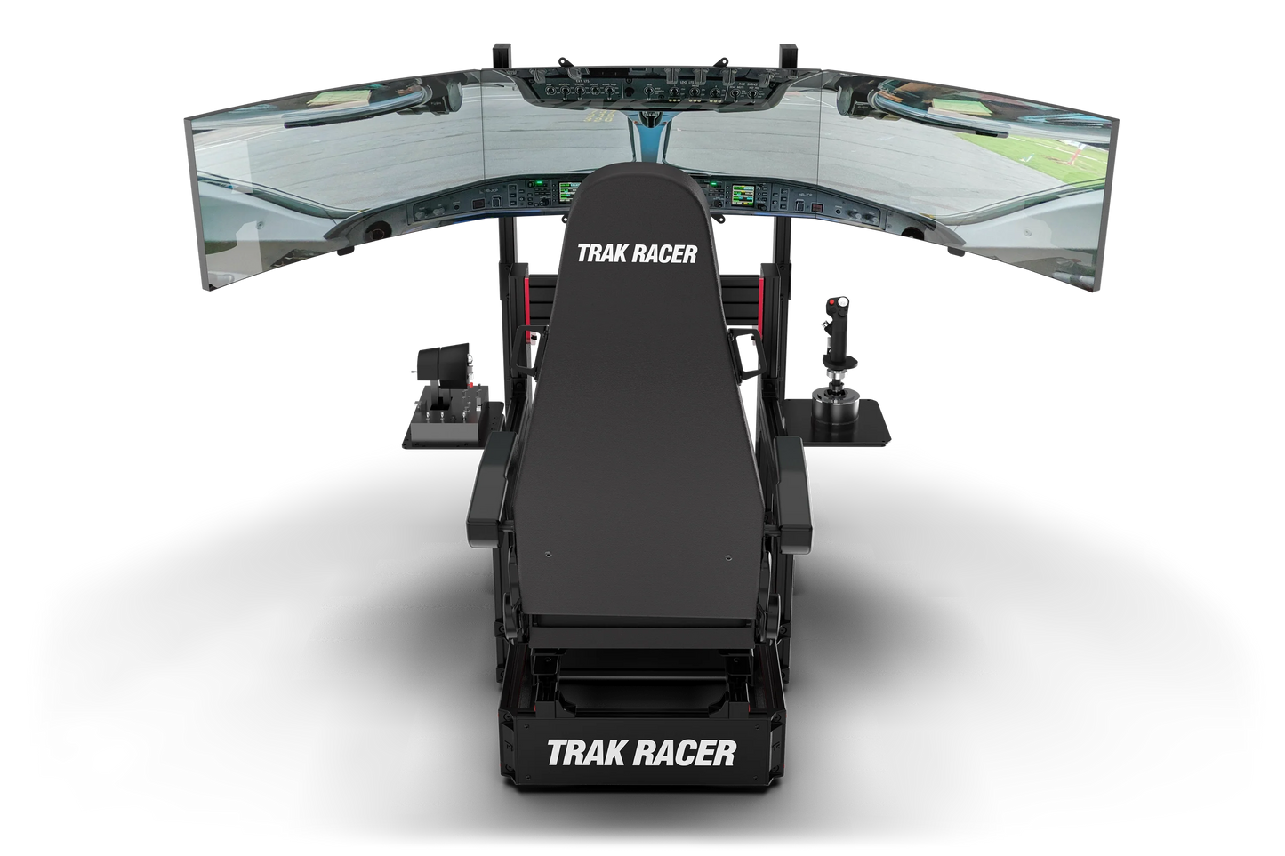 Simulator racing seat with dual screens displaying a racing interface on a white background