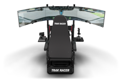 Simulator racing seat with dual screens displaying a racing interface on a white background