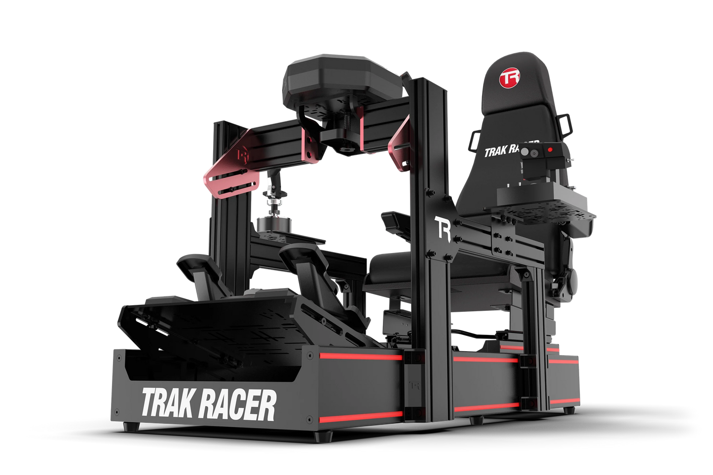 Black and red Trak Racer gaming simulator on a white background